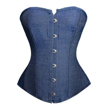 

FLOWER SKY Wonder Beauty Blue Denim Buckle overbust Corset sexy Lingerie waist cincher bustier Lace up boned lingerie corset