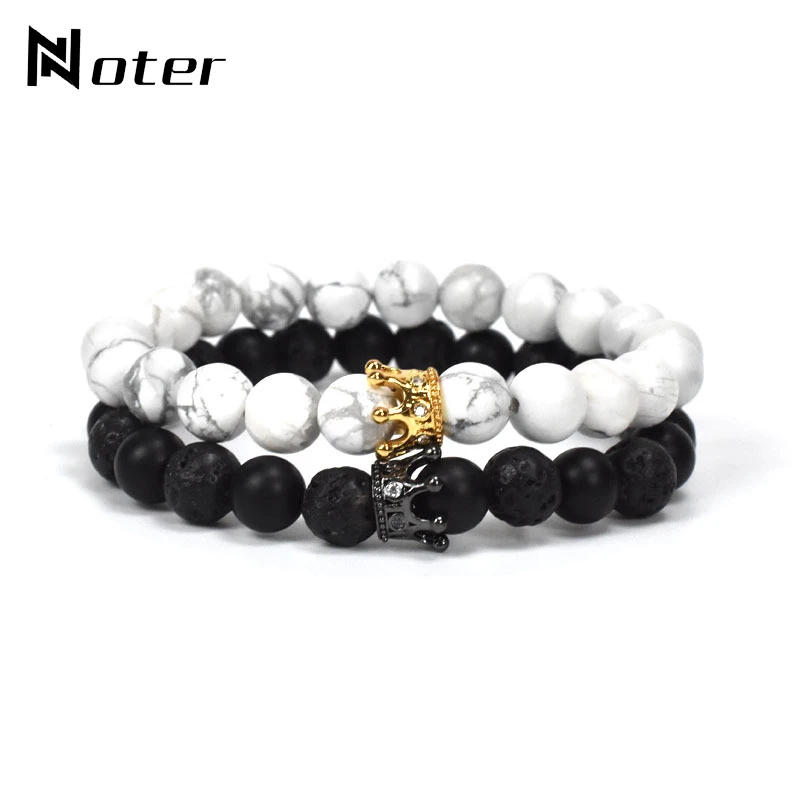 

Fashion Crown Bracelet Set For Men Women Gypsy Setting Micro Crytsal Braslet Natural Matte Map Turquoises Lava Stone Brazalete