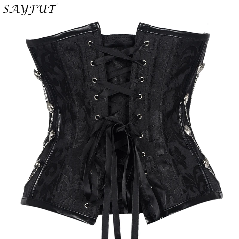 SAYFUT Underbust Steampunk Corset Waist Control Gothic Corsets Cincher Bustiers with Chains Embroidery Short Waist Trainer