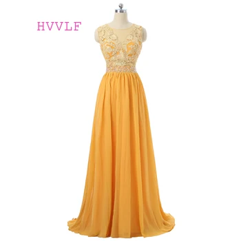 

Orange Evening Dresses A-line Scoop Chiffon Lace Beaded See Through Women Long Evening Gown Prom Dresses Robe De Soiree