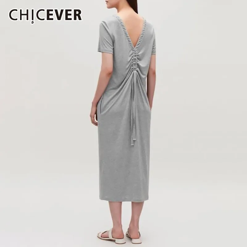 CHICEVER летнее платье с завязками на спине для женщин, с круглым вырезом, с коротким рукавом, с карманами, однотонное, миди, прямые платья, платья, повседневные