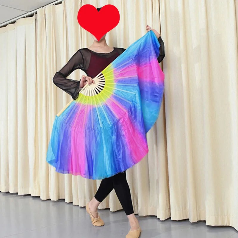

New Arrival 1pair(L+R) 100% real Silk Belly Dance Fans Veil Multi-color gradient Stage Show Props Fans double-side silk HOT