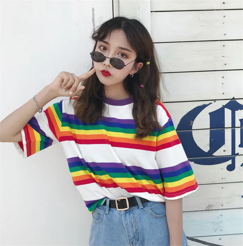 

Korea Harajuku ulzzang rainbow loose stripes new female large size fun summer short-sleeved casual tops Harajuku shirt