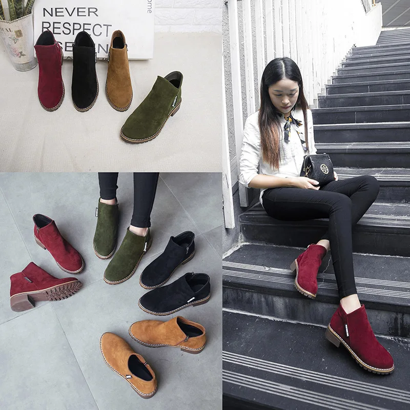 

2018 Autumn and Winter New Korean Version, Velvet Boots, Female Side Zipper Boots, Women's Low and Low School Girls.X-008