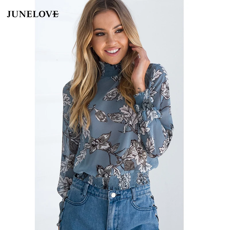 

JuneLove 2019 spring women casual chiffon printed blouse turtleneck full sleeve floral shirts loose fashion button female shirts