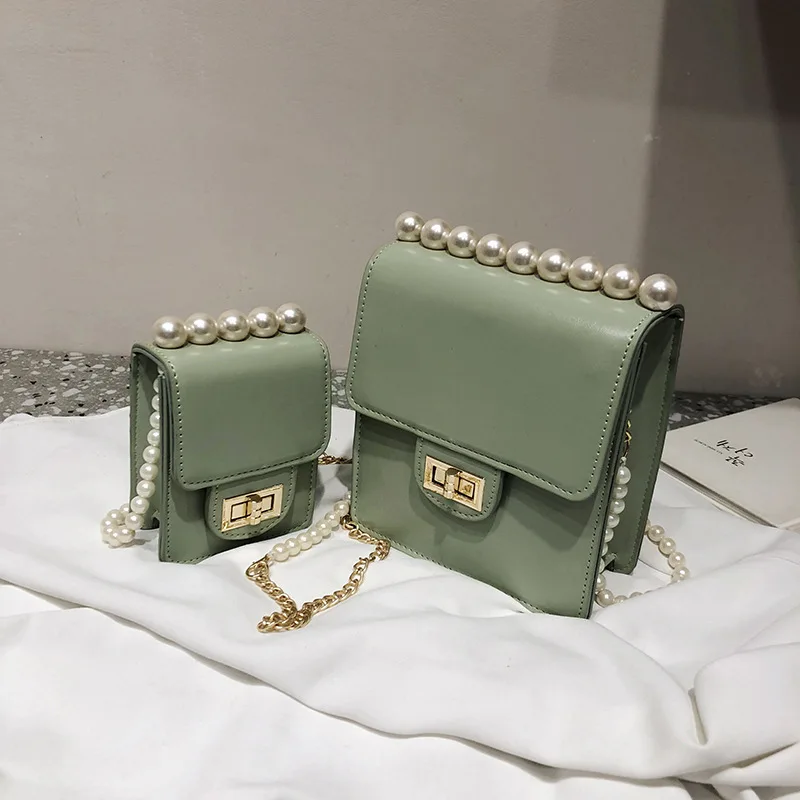 

2019 New Fashion Women Pearl Mother and Kids Messenger Bag Small Square Crossbody Bag Chain Shoulder Bag Sequined Handbag Female