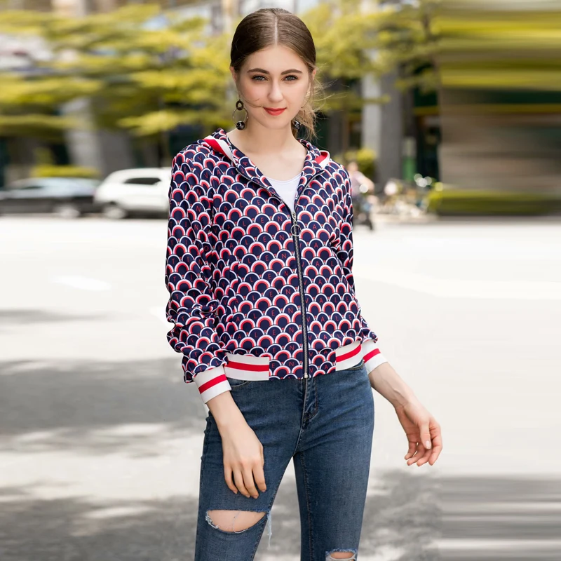 

Coat Designer Runway New 2019 Autumn Fashion Party Office Elegant Vintage Chic Long Sleeve Fish Scale Print Hooded Jacket Top