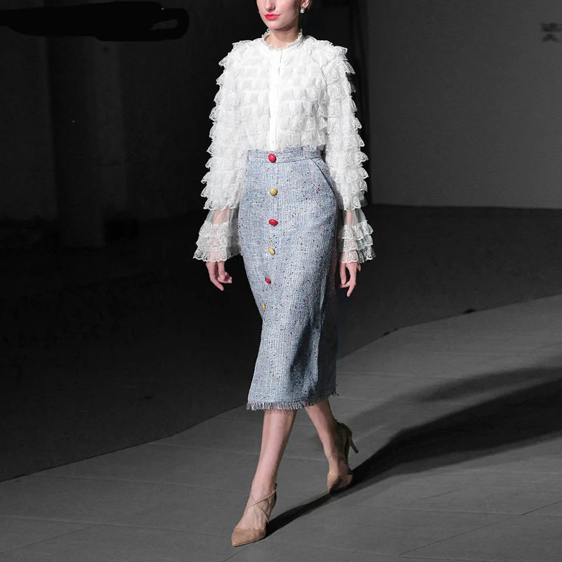 Costumes Jupes Printemps Ensembles Été Blanc Manches Pièces Flare Boutons Mode Ruches Dentelle De Concepteur Shirts 2019 Deux Midi Femmes wUTwAq