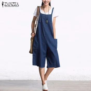 ZANZEA Womens Jumpsuits 2017 Sleeveless Adjustable Strap Pockets Button Wide Leg Denim Blue Retro Rompers Calf Length Overalls