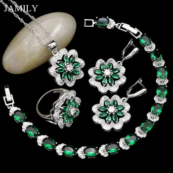 

Fashion 925 Sterling Silver Bridal Jewelry Sets For Women Natural Green Cubic Zirconia Earrings/Pendant/Ring/Necklace/Bracelet