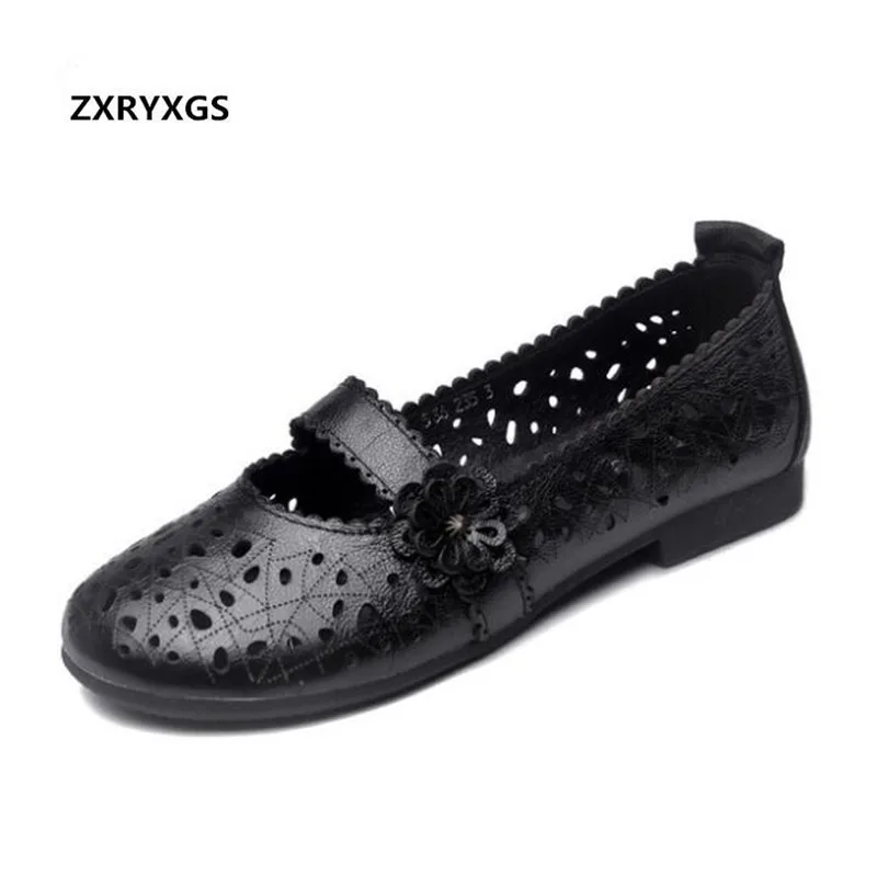 

2019 Newest Soft Comfortable Summer Leather Sandals Women Fashion Sandals Flat Cowhide Hollow Mom Shoes Women Sandal Shoes