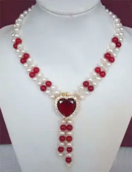 

charming ! 2Rows White Pearl & Red Heart Jewelry Necklace>>> women jewerly Free shipping