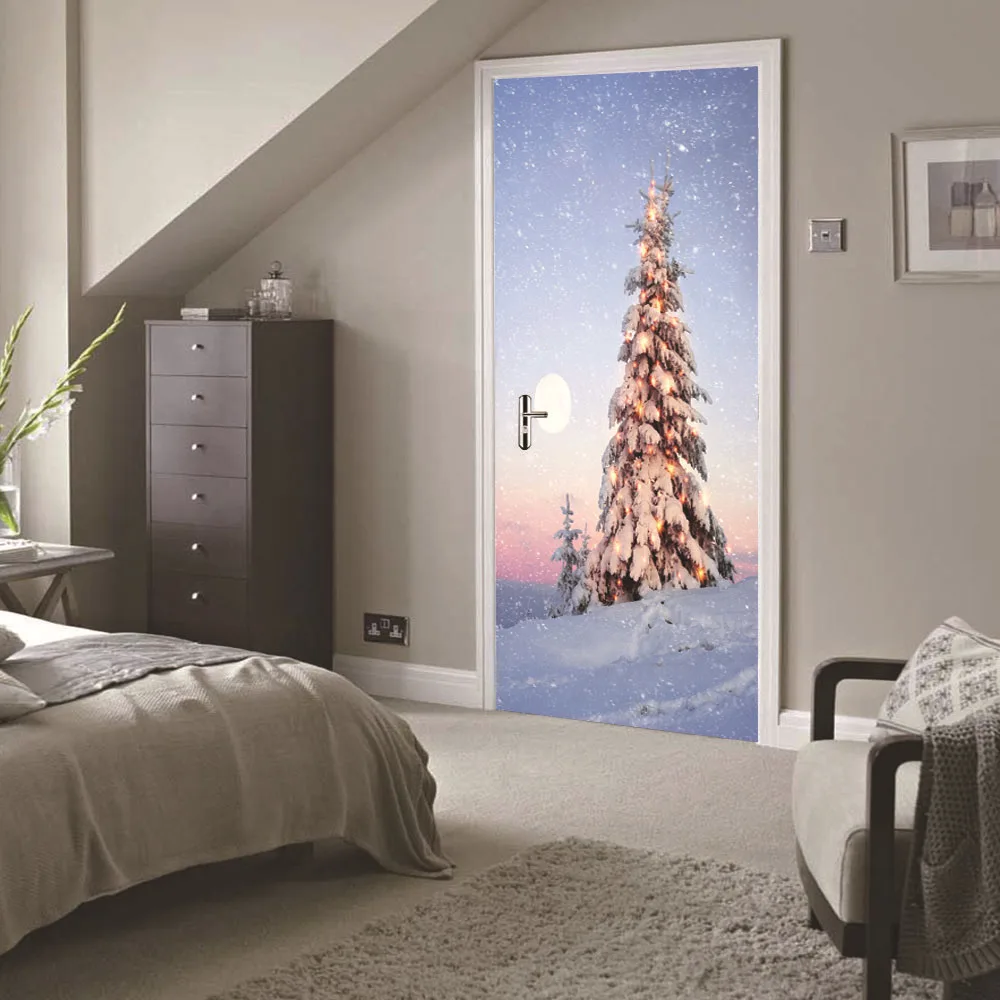 3D фантазия Рождественская наклейка на дверь снеговик, ночная сцена, мультяшный дом, спальня, деревянная дверь, украшение дома, наклейка