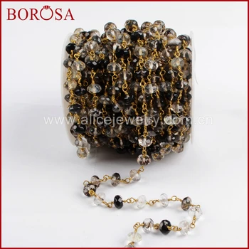 

BOROSA Gold Color Roundel Natural Black Watermelon Crystal Faceted Beads Wire Wrapped Rosary Chains for Necklace Jewelry JT187