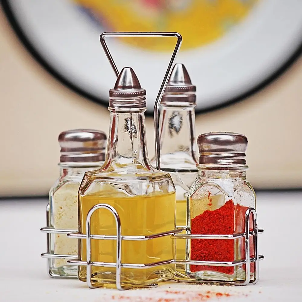 2 Square 2OZ Salt & Pepper Shaker & 2 6OZ Oil & Vinegar Cruet Rack Olive Oil Bottle Oiler Cruet