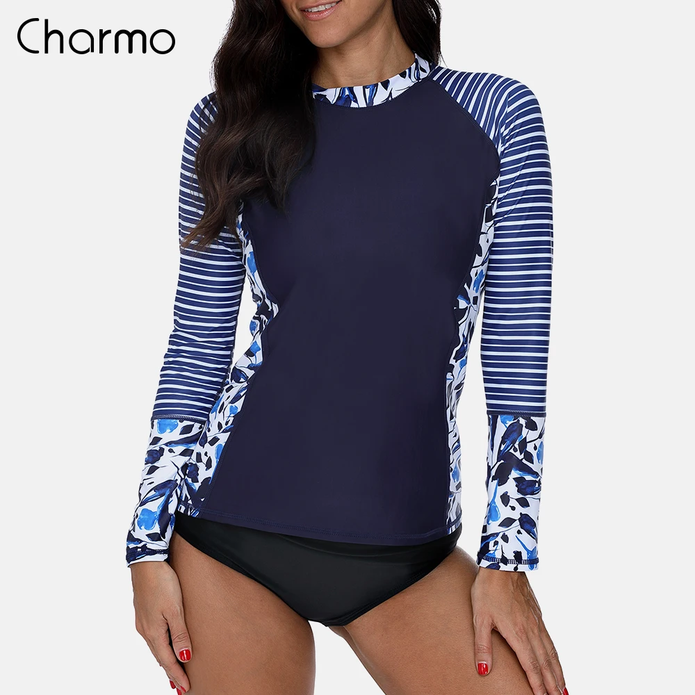 Charmo طويل كم المرأة Rashguard ملابس شريط الأزهار طباعة ملابس السباحة تصفح أعلى الجري ركوب الدراجات قميص طفح الحرس UPF 50 +