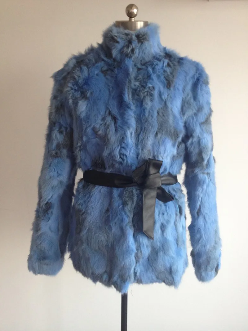 Новое поступление, Женское пальто из настоящего кроличьего меха, пальто с длинным рукавом и воротником-стойкой с поясом,, TFP622