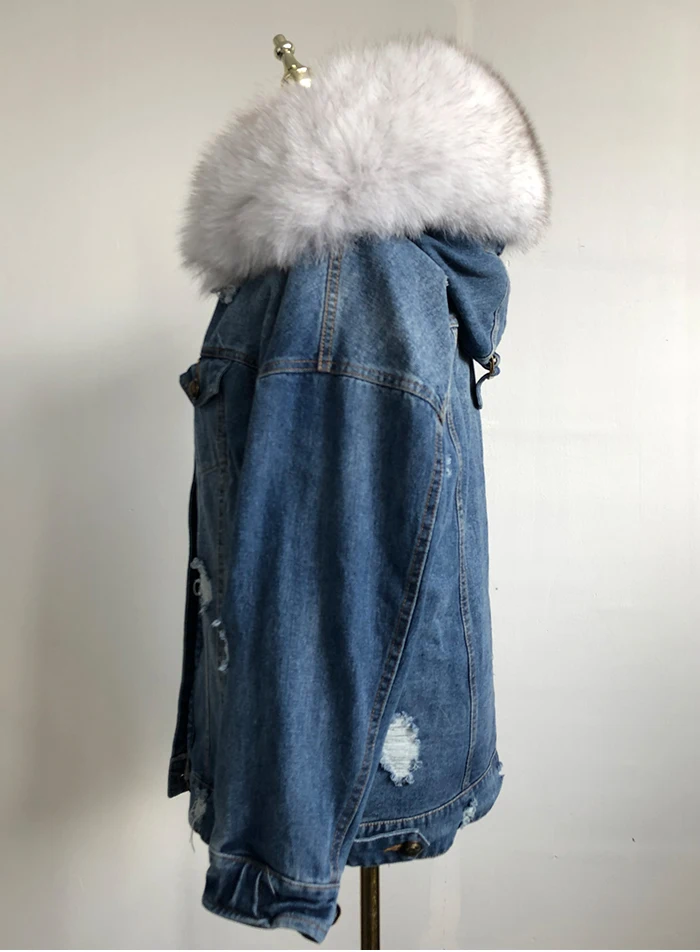 Women Denim Jacket With Fur hood Women Autumn Winter Denim Jacket Warm Upset Jacket Vintage Long Sleeve Loose Jeans Coat Outwear