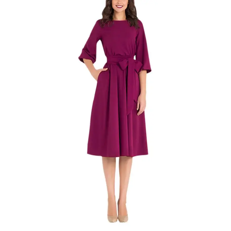 

Summer Women's Elegant O-Neck Dress Vintage Bow Bandage Boho Beach Dresses Solid Casual Loose Dresses