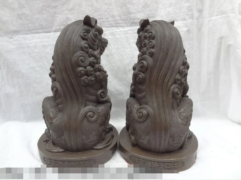 

S0236 11" Chinese Pure Bronze Animals FengShui Foo Fu Dog Lion PiXiu Ball Statue Pair discount 30% (C0324)