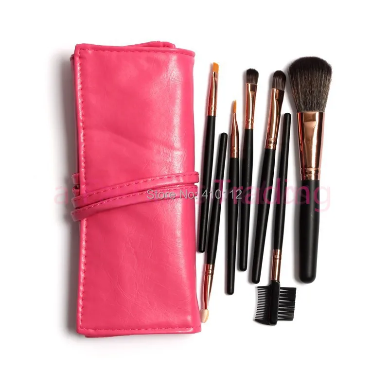 High Quality 7 Makeup Brush Set Kit in Sleek Berry Red Leather Bag Make