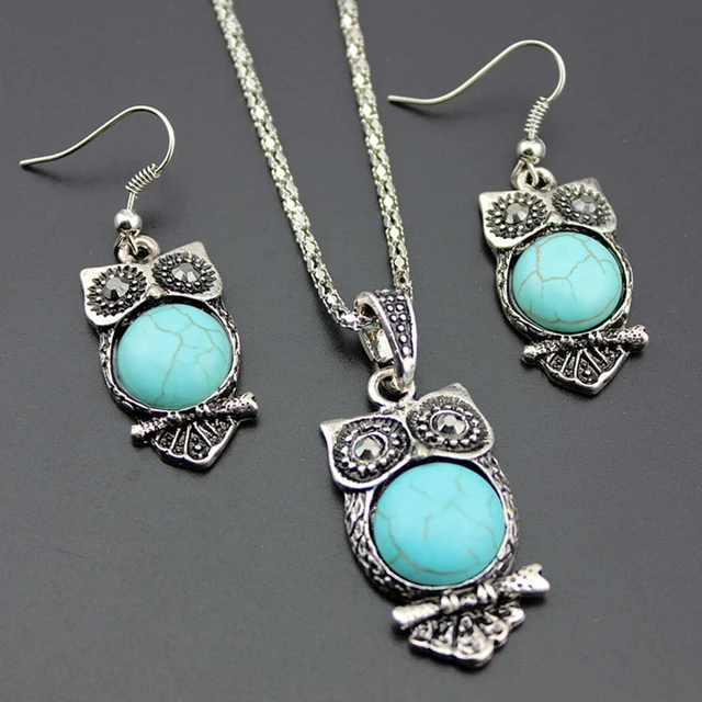 Earrings Necklace Jewelry Sets Owl Pendant Silver Plated Earrings Necklace Jewelry Sets Owl Pendant Silver Plated Blue Stone India Whole