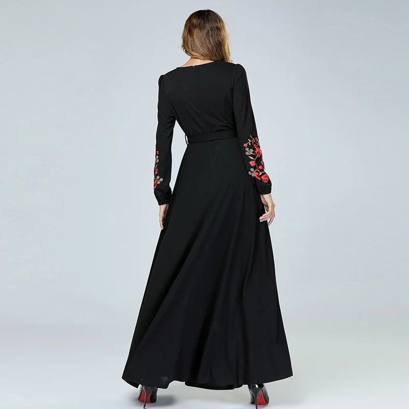 Мусульманское дубайское женское повседневное длинное платье Европа и Америка тонкое вышитое с длинным рукавом круглый воротник ремень