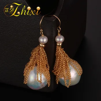 

[ZHIXI] Freshwater Pearl Earrings For Women Fine Jewelry Big Pearl Earrings Gold Drop Irregular Fashion Gift For Party E324