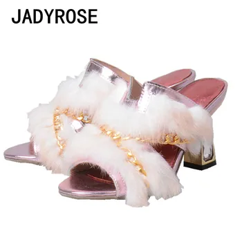 

Pink Real Leather Women Slippers White Rabbit Fur 8cm High Heels Party Prom Slides Gold Chains Summer Shoes Woman Sandalias