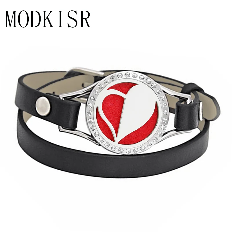 

MODKISR Wholesale Heart Stainless Steel Leather Bracelets Aromatherapy Perfume Diffuser Box Women Bangle With Complimentary Pads