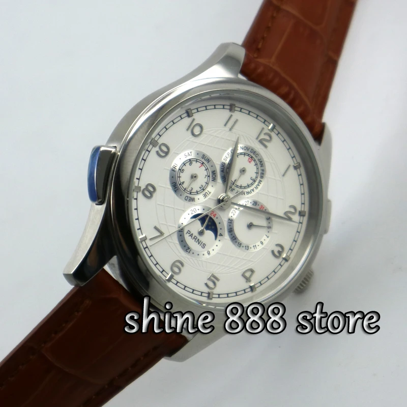 

Parnis watch 44mm White dial Brown strap Silver hands Moon Phase week and date Multifunction Automatic movement Men's watch