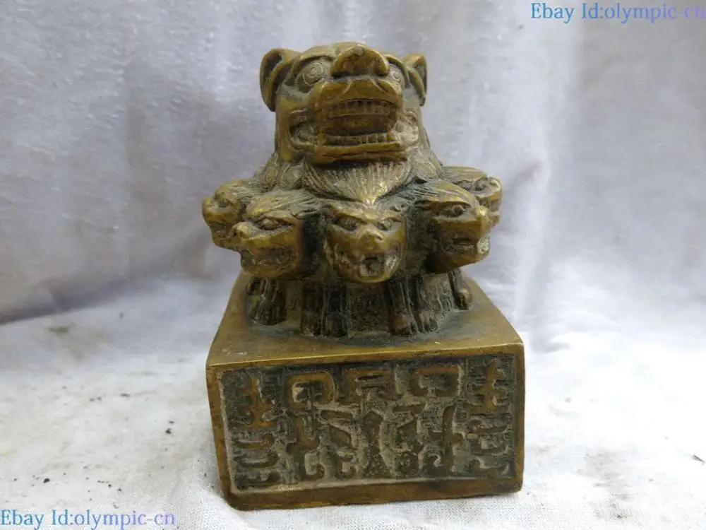

DS China brass carved copper sculpture Feng Shui lucky fine tiger Seal Statue