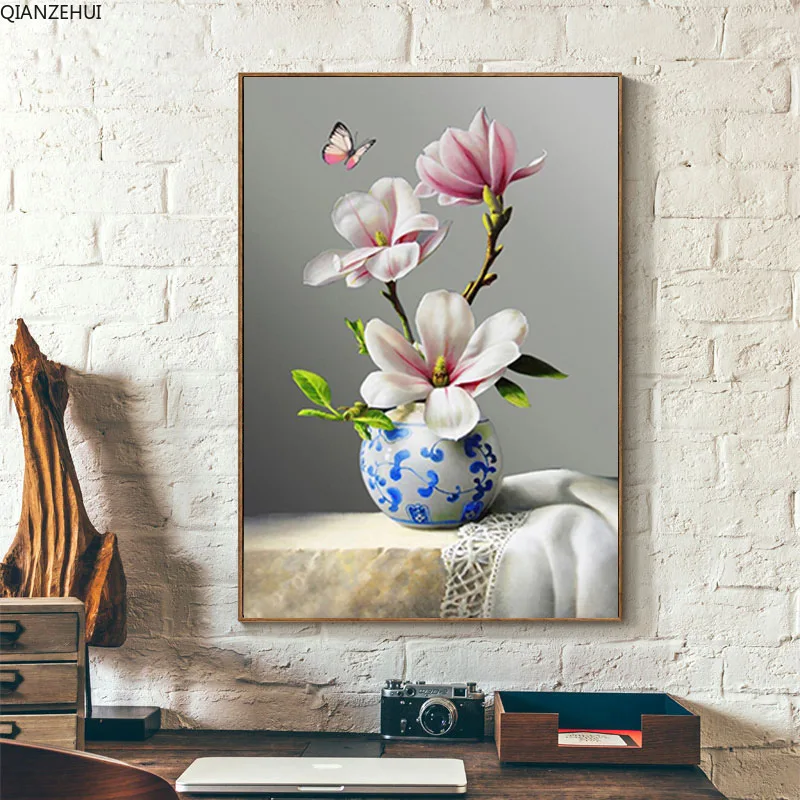 

QIANZEHUI,DIY Diamond Embroidery,Round Diamond Full Embroidery Magnolia flower bedroom Diamond painting cross stitch,needlework