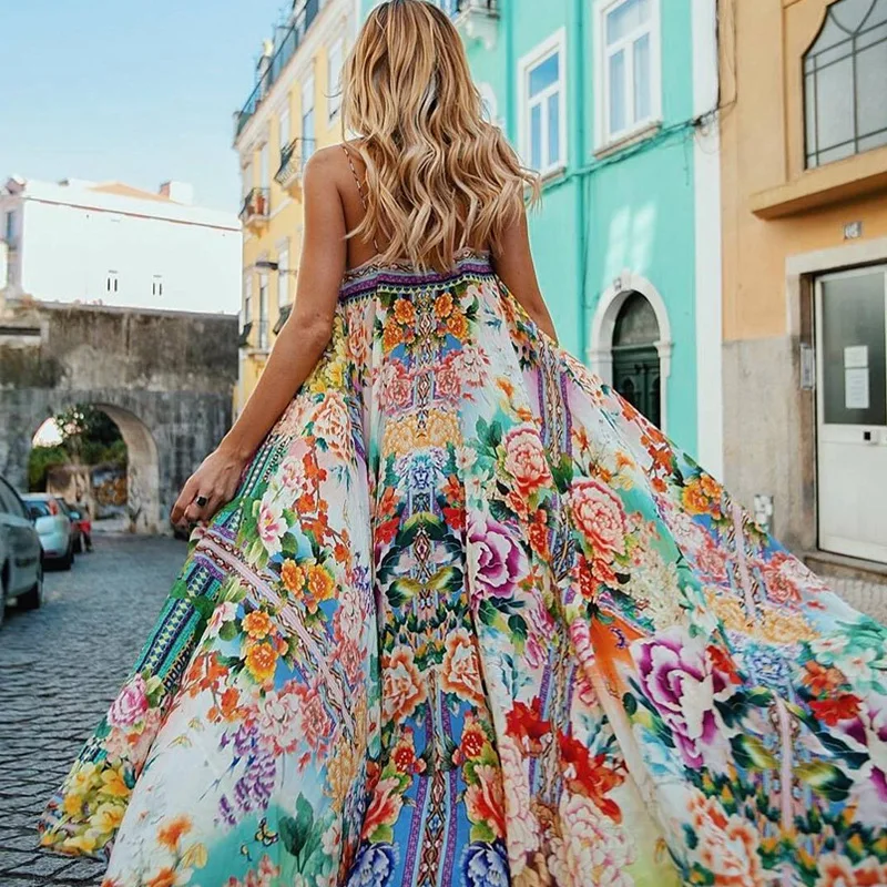 

Summer Chiffon Long Maxi Dress Women Spaghetti Starp Backless Floral Print Dress Sexy Lady Beach Dresses Vestidos