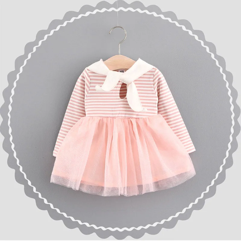 Осень 2017 г. платья для маленьких девочек платья принцессы для малышей Обувь для девочек в полоску с длинными рукавами платье из пряжи