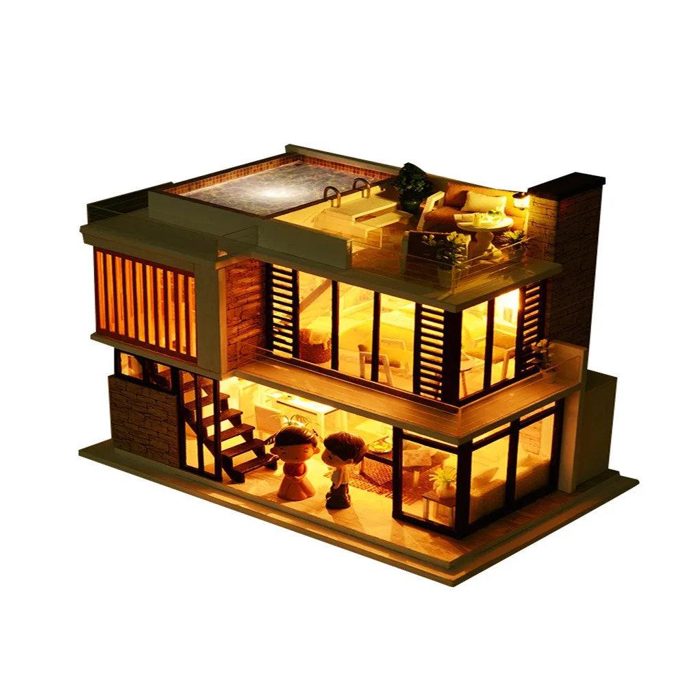 

Genuine MUQGEW Toys For Children 3D Wooden DIY Miniature House Furniture LED Decorate Creative Christmas Gifts 1 Doll House #5L