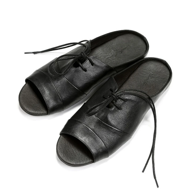 Модные английские винтажные тапочки из натуральной кожи мужские летние римские туфли с открытым носком черные сандалии без застежки на плоской подошве повседневная обувь