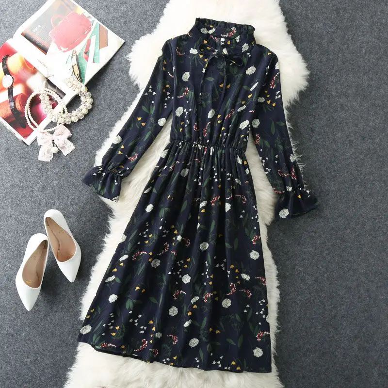 

12 Color Floral A-Line Dress Newest 2018 Vintage Long Sleeve Bow Women Retro Spring Casual Pleated Chiffon Dresses Female CM127