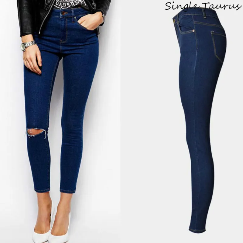 Облегающие джинсы с высокой талией, женские модные обычный карандаш, женские синие джинсы с завышенной талией, джинсы с рваными коленками для женщин