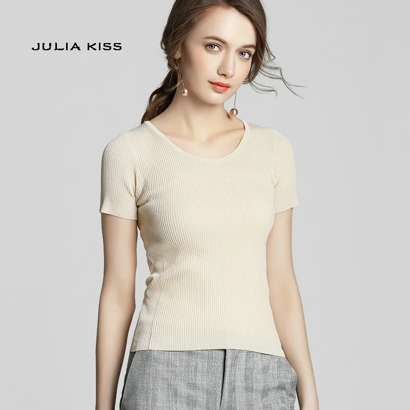 Women Casual Rib Knit Tee O Neck Short Sleeve Knit Topin Pullovers