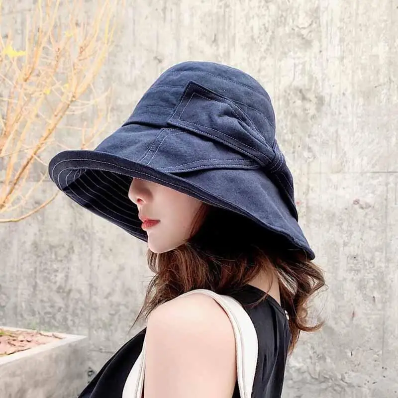 الصيف واسعة حافة قبعات للحماية من الشمس للنساء UPF50 الأشعة فوق البنفسجية طوي صياد القبعات في الهواء الطلق Bowknot قابل للتعديل Boonie دلو القبعات