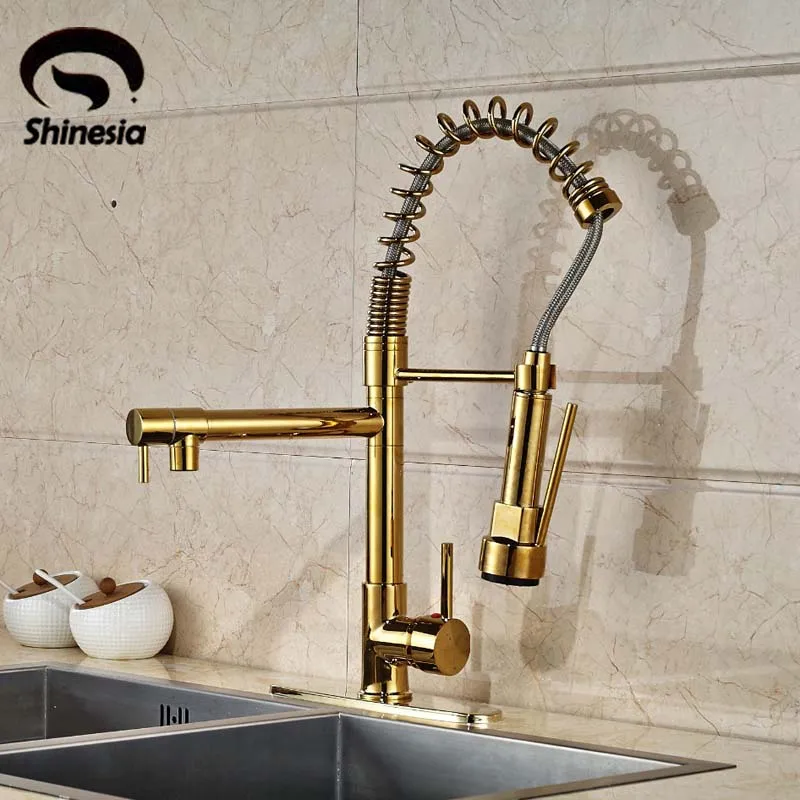 Modern Gold Kitchen Faucet Dual Spouts Spring Sink Mixer Tap with 8 Cover Plate