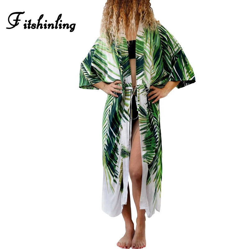 

Fitshinling Summer kimono long cardigan beach cover up swimwear 2018 bohemian slim sexy hot blouse print outerwear with sashes