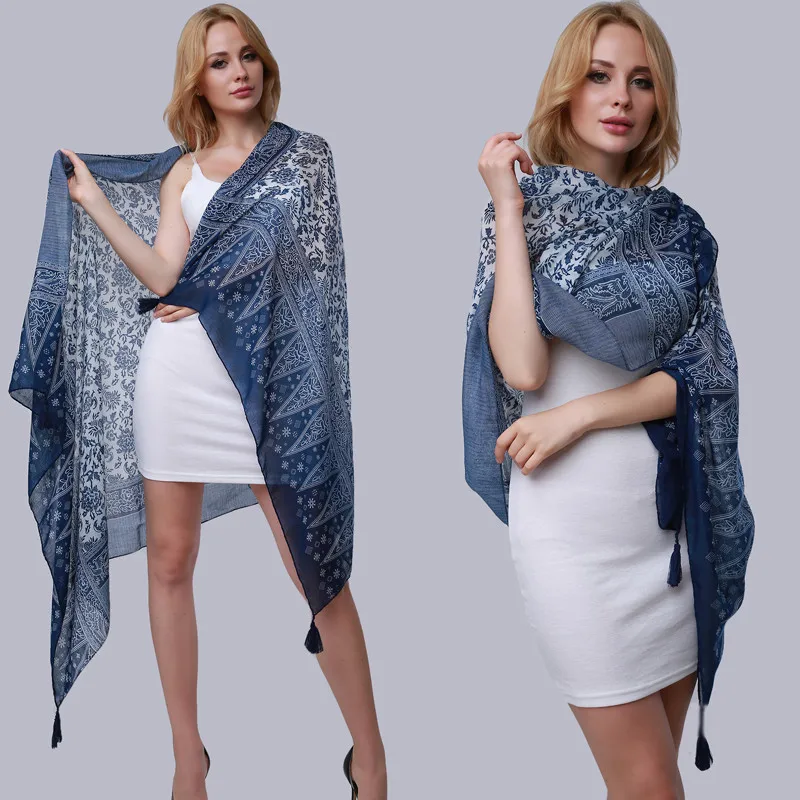 Summer Blue And White Porcelain Print Tassel Wraps Pashmina Scarf Shawls 175 X 100Cm