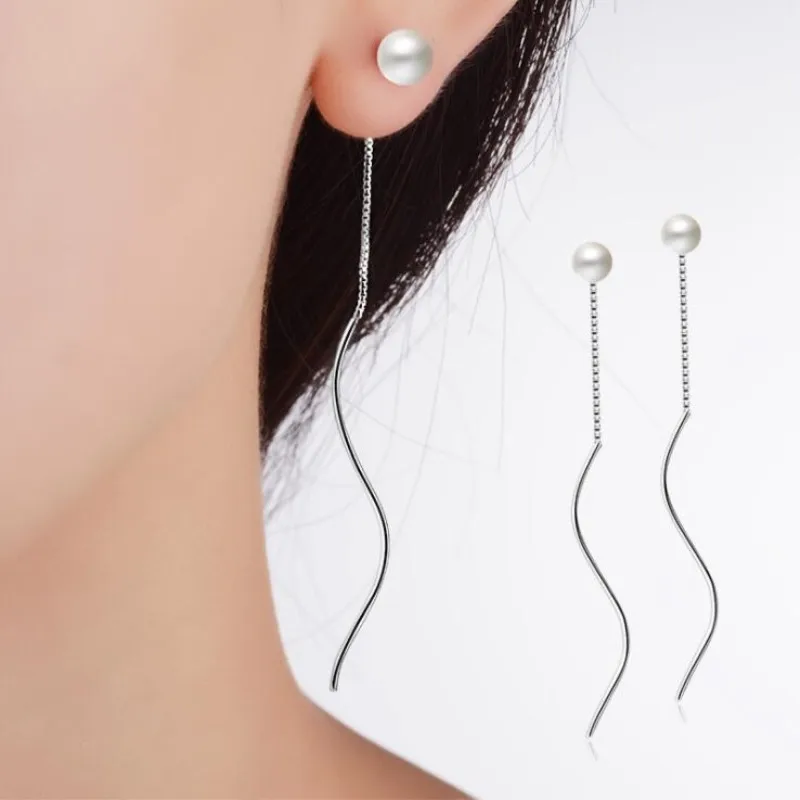 

High-quality Fashion Korean Style Silver Jewelry Temperament Ripple Tassel Long Pearl Female Dangle Earrings SE276