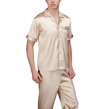 

Natural Silk Men Sleep Sets Males Comfortable Loose Simulation Pure Silk Pajamas Set Elegant Solid Summer SleepwearSAN0