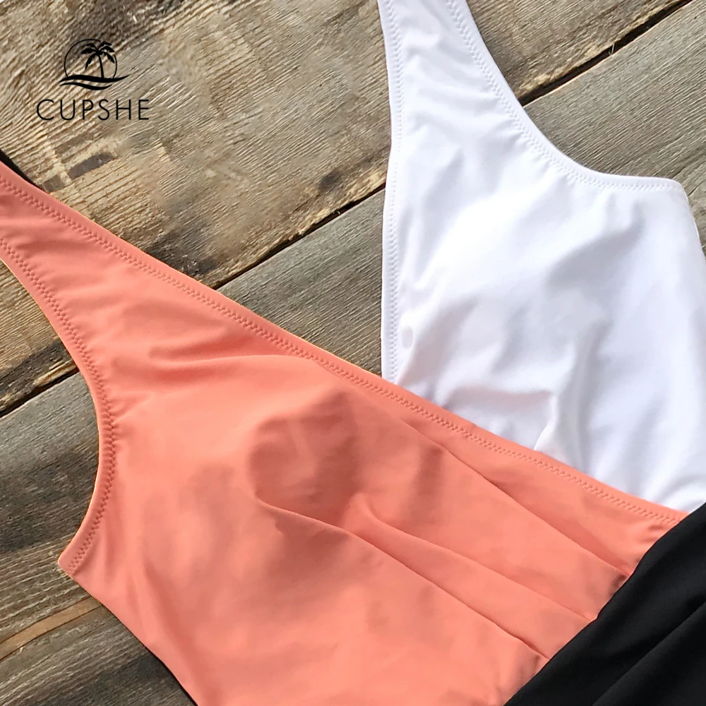 Preise CUPSHE Rosa Weiß Und Schwarz Farbe block Einteiliges Badeanzug Frauen Sexy Monokini Bademode 2020 Mädchen Strand Badeanzüge
