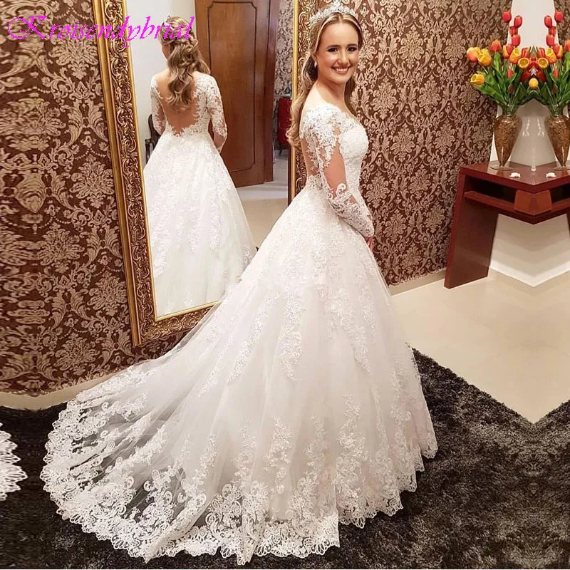 

DZW287 Custom Made A-line Long Sleeve Tulle Lace Beading Vintage Sexy Formal Wedding Dresses Wedding Gowns 2019