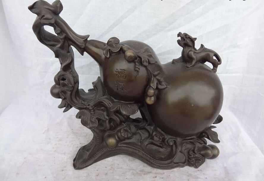 

S4958 12" Chinese Pure Bronze Carved FengShui Fu Gourd Unicorn PiXiu Statue Sculpture D0318