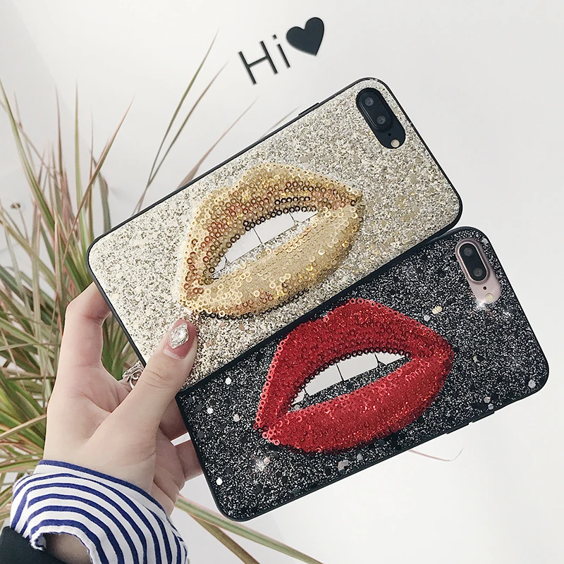 

HAISSKY 3D Sexy Lips Glitter Case For iPhone 6 6s Plus 7 8 Plus X Phone Case Lovely Gold Bling For iPhone 7 Plus Fashion Girls